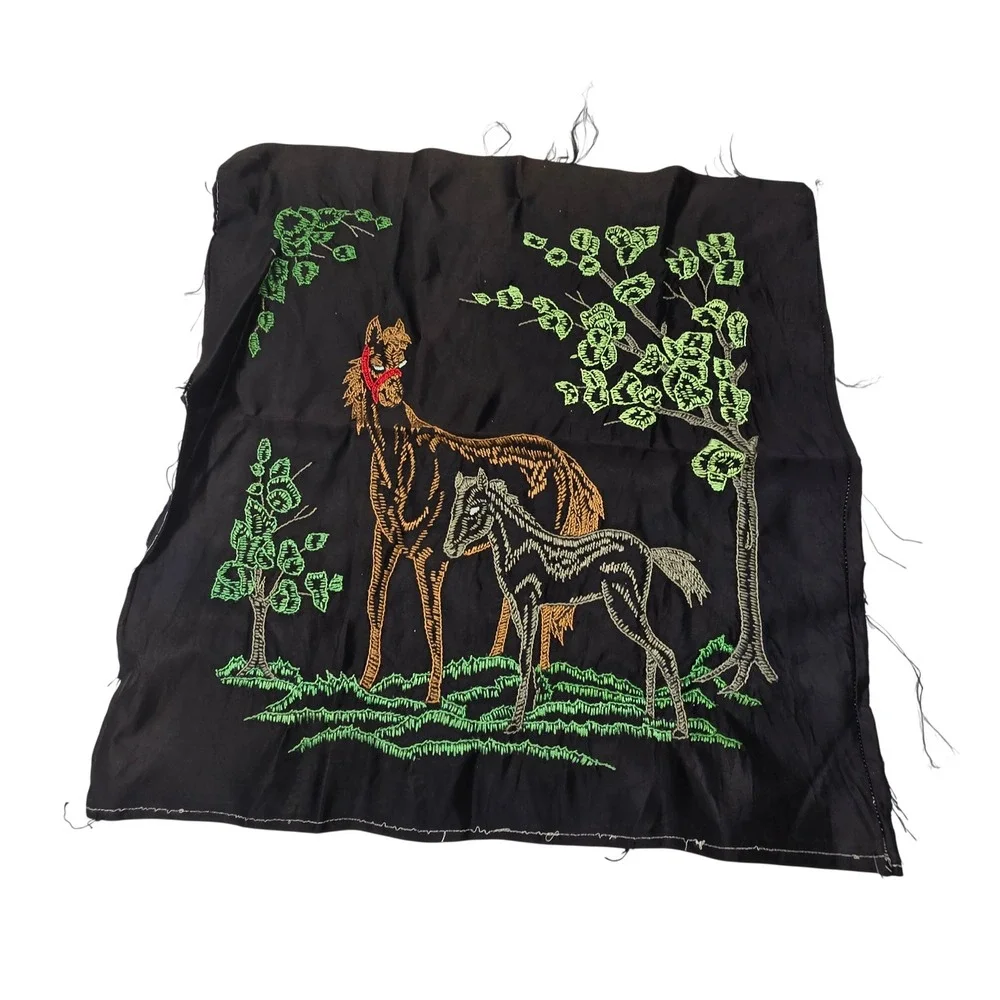 Vintage Victorian Embroidered Horse Embroidered Pillow Cover Blank Black Western
